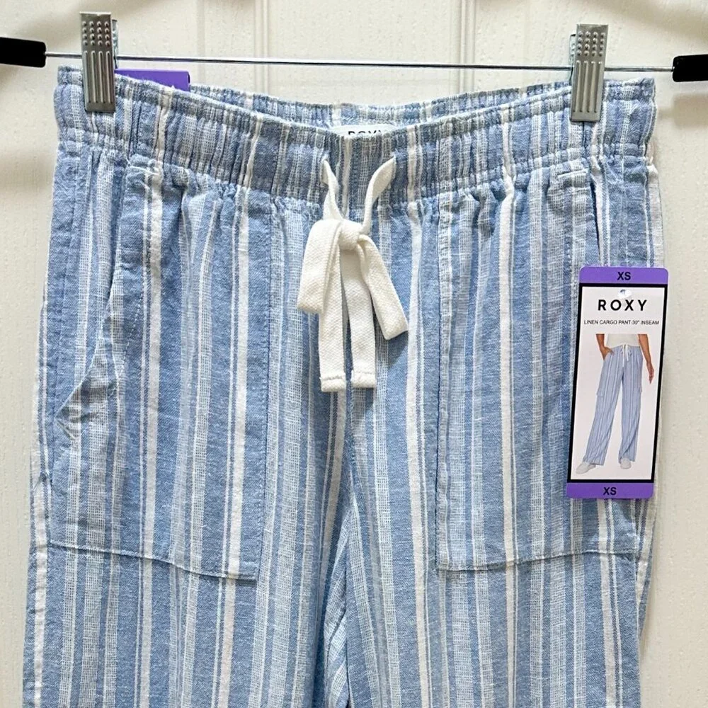 Roxy Women's Linen Blend Cargo Pant Size XS Blue Cottagecore Coastal Boho (NEW)